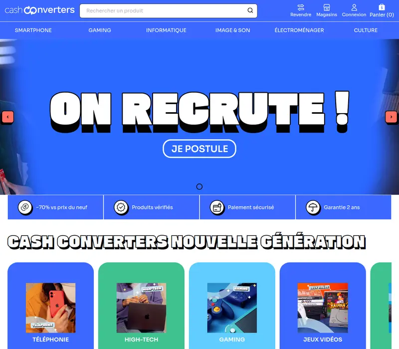 Page d’accueil de Cash Converters, l’achat et la revente de produits d’occasion : recherche, rayons et catégories en cartes colorées.